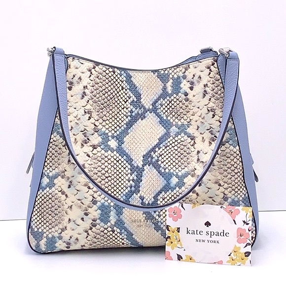 Leila Snake Embossed Medium Triple Compartment Shoulder Bag Muted Blue Multi - Picture 3 of 16
